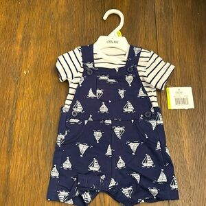 NWT Little Me Navy 3M Knit Shortall Set with boats